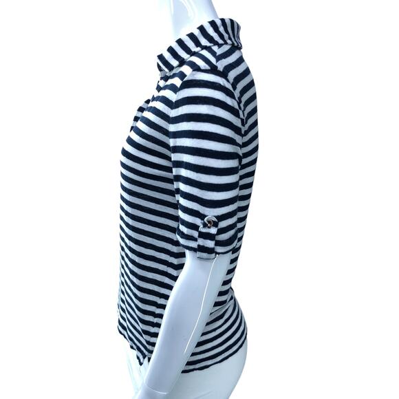 Chicos Womens Size 0 US 4 Small Polo Shirt Blue White Stripe Nautical 100% Linen - Picture 5 of 16